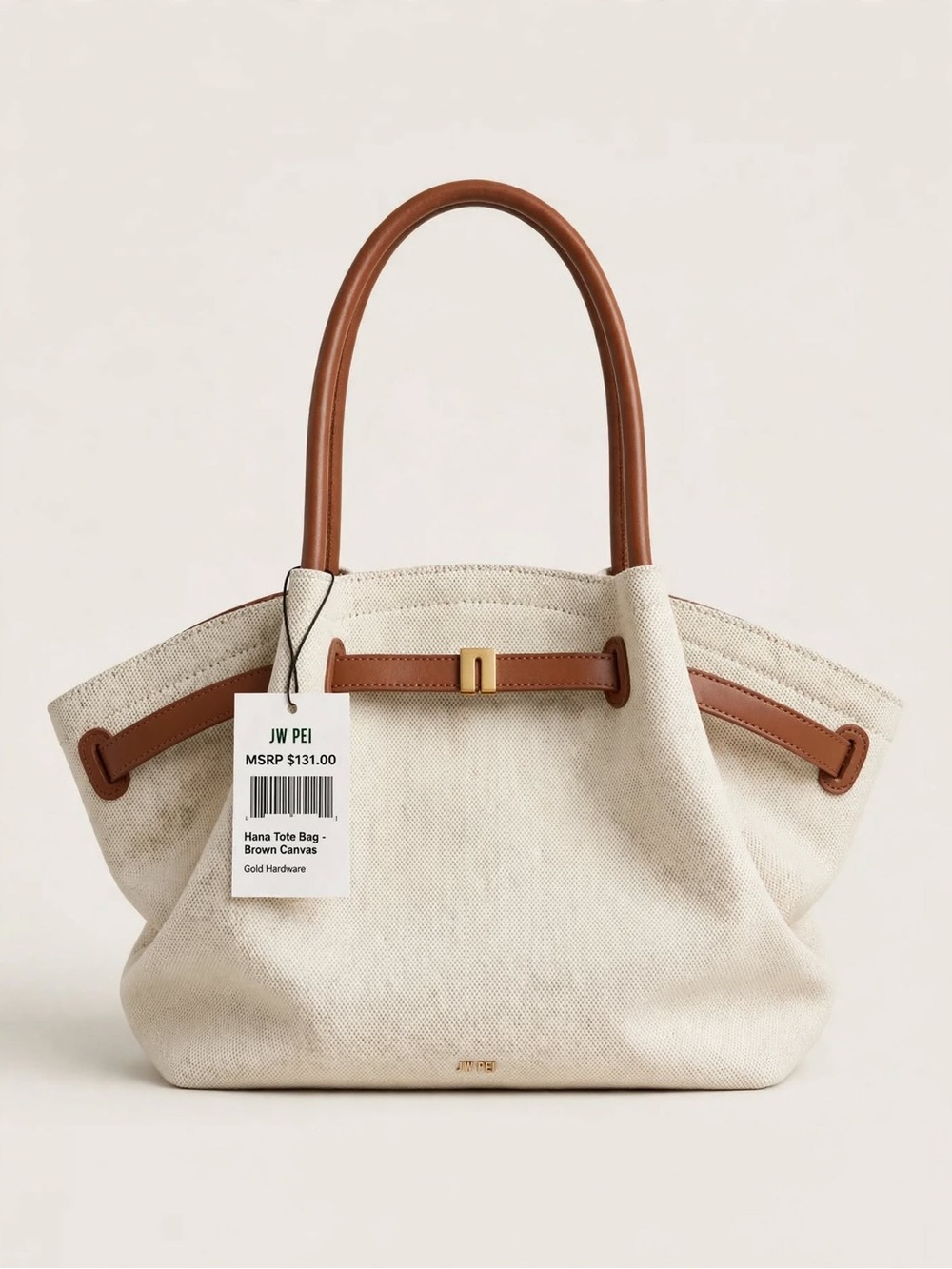 JW PEI Beige Canvas Tote with Brown Handles and Gold Hardware